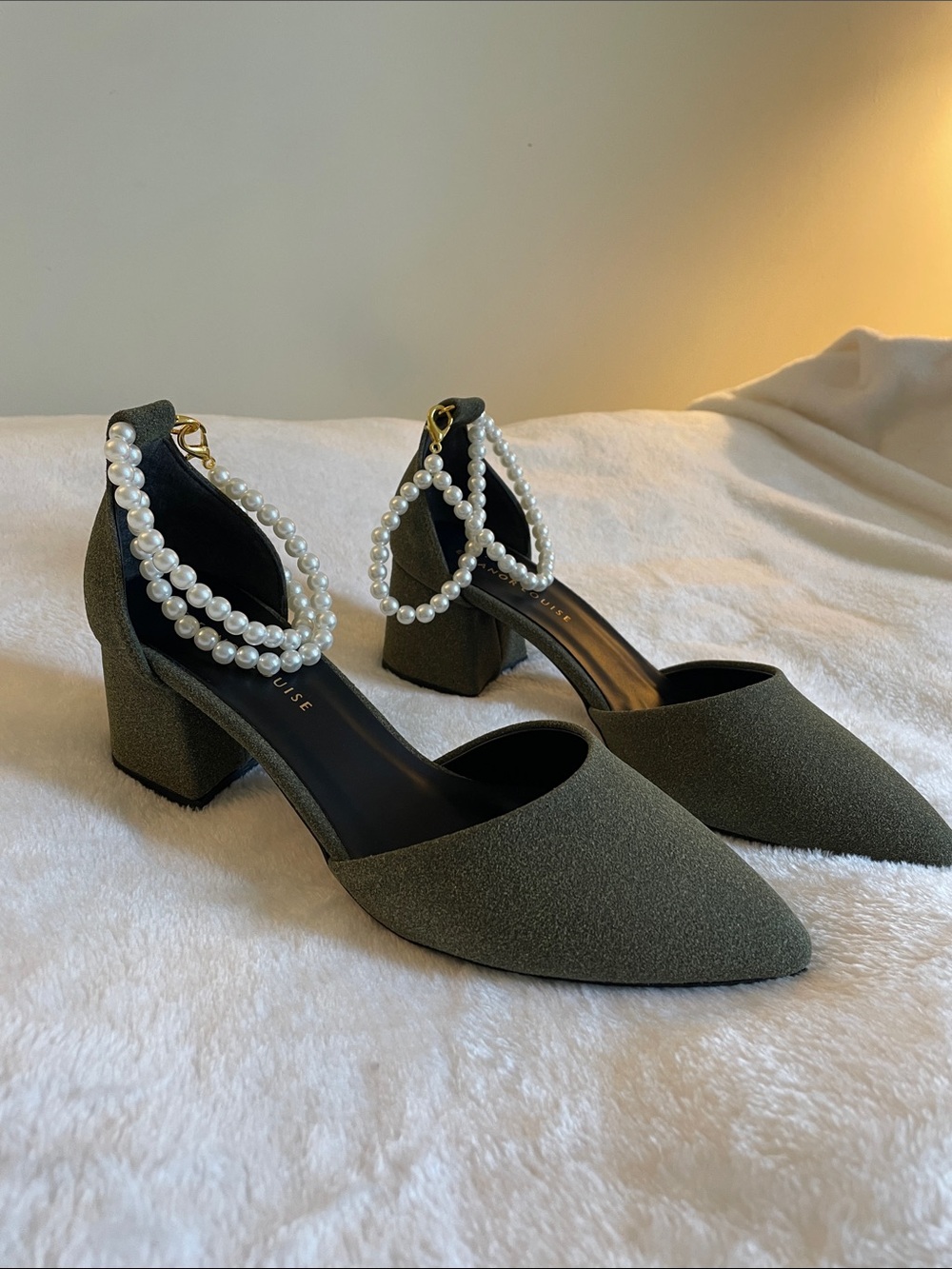 Eleanor Louise Pearl-Ankle Strap Olive Pointed Block Heel Pumps